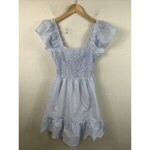 Lulus Seer Delight Blue Striped Smocked Ruffled Mini Dress Large